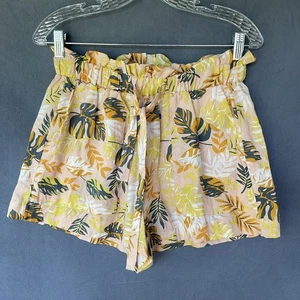 Nicole Miller Linen Shorts Sz XS High Rise Elastic Waist Pockets Plants Floral - Picture 1 of 9