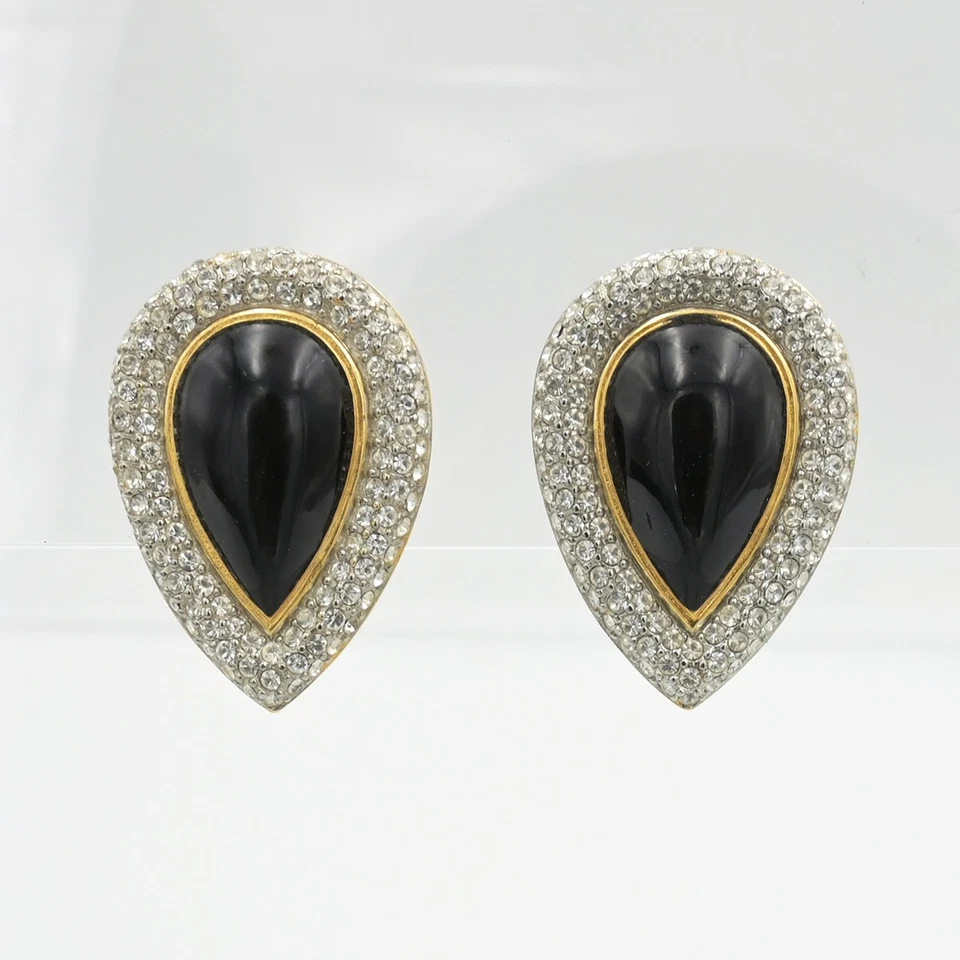 St. John Knits Crystal Framed Black Cabochon Clip-On Earrings - Image 1 of 3