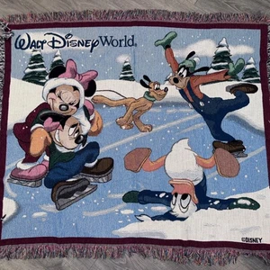 Walt Disney Land Mickey Minnie Winter Ice Skating Tapestry Throw Blanket 60x50 - Picture 1 of 3