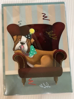 Burgoyne BIRTHDAY CARD Puppy Dog in Chair w/ Party Hat & Horn METALLICS 3-D - Image 1 of 3