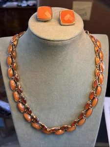 Vintage Monet, Burnt Orange necklace and Clip On earrings, gold tone - Picture 1 of 8