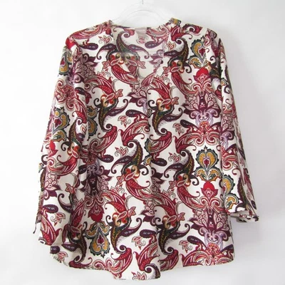 Chicos Топ блузка размер 2 США размер большой 12/14 красный пейсли пуловер 3/4 рукав - Изображение 1 из 4