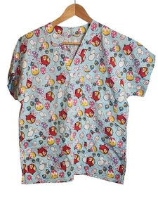 Angry Birds Easter Egg Scrub Top Womens Size Md Short Sleeve Pockets V Neck - Picture 1 of 5