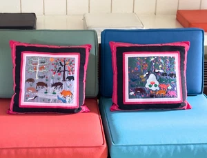 Night and Day Animals Garden Folk Art Embroidered Handmade Decorative 2 Pillows - Picture 1 of 13