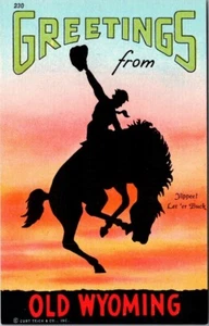 Vintage Greetings From Old Wyoming Large Letter Postcard Yippee! Let 'Er Buck - Picture 1 of 2