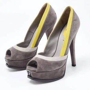 FENDI Grey/Yellow Suede Fendista Peep Toe Platform Pumps, Size 38.5 - Picture 1 of 4