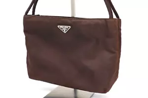 PRADA Hand Bag Hand Bag Nylon Brown Triangle Logo Plate Auth - Picture 1 of 17