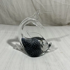 VTG Murano Hand Blown Fish Art Glass Figurine Clear Black/Gray Scales 6.5" J1 - Picture 1 of 9