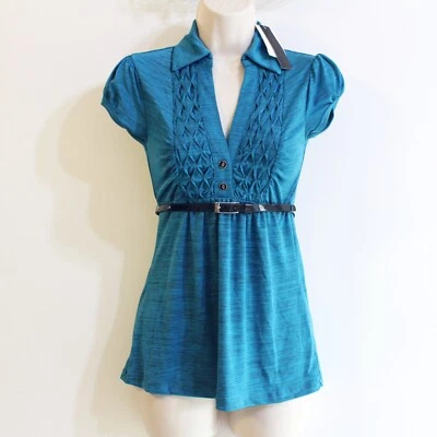 HeartSoul Women's Top Size XS Teal Blue Smocked Front Black Belt  - Image 1 of 4