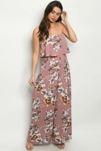 Mauve Pink Floral Jumpsuit Size Large Strapless Ruffled - Picture 1 of 2