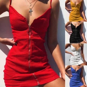 Dress Bodycon Sleeveless Mini Cami Dress Casual Zipper V Neck Party Women Skirt∂ - Picture 1 of 22