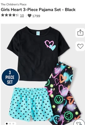 Girls Heart 3-Piece Pajama Set - Black.   PJ Place.   Brand New.  Size M/M.  7/8 - Image 1 of 4
