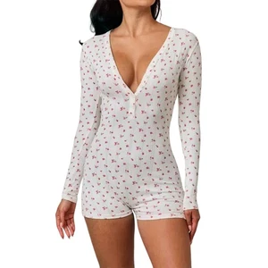 Women'S -Piece Pajamas, Long Sleeves, V-Neck, Bodysuit, Sleepwear White L K7B4 - Picture 1 of 10