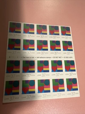 37 cent Love booklet of 20 USPS Stamps Stamp Scott #3657 2002 Colorful Design - Image 1 of 4