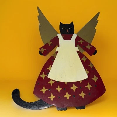 Metal Rustic Primitive Black Cat Angel Farmhouse Wall Hanging Anthropomorphic - Image 1 of 4