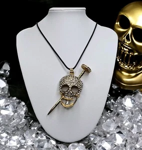 Skull Pendant Crystal Glass Rhinestones Gold Tone On Waxed Leather 50cm Cord - Picture 1 of 14