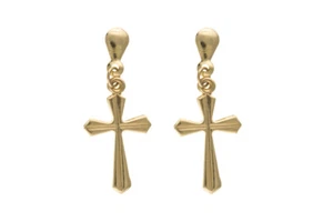 9ct Cross Drop Earrings Yellow Gold Drops Hallmarked Religious - Picture 1 of 2