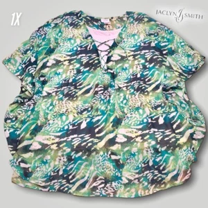 Jaclyn Smith Top 1X Blues V Keyhole Neck Sheer Long Sleeve Attached Tank Top - Picture 1 of 10