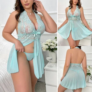 Sexy Lencería Transparente Encaje Halter Babydoll Negligees Camisón Ropa de dormir Talla Grande - Imagen 1 de 31