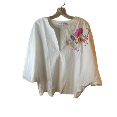 Trina Turk White Floral Embroidery 3/4 Sleeve Split Neckline Tunic Blouse Medium - Изображение 1 из 4