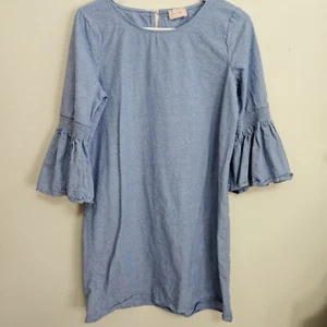 Love...Ady Smocked Bell Sleeve Blue Cotton Shift Dress Size M Made In USA - Picture 1 of 8