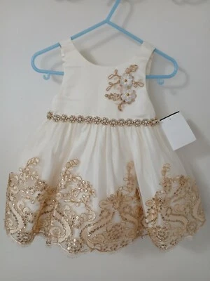 Vestido Princesa Americana Bebé Niña 12M Marfil Dorado Bordado Tul Fiesta Formal Foto 1 de 4