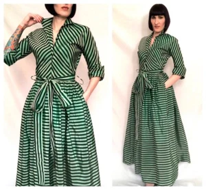 Vintage 1940s 1950s Green Sharkskin Taffeta Chevron Striped Gown Small XS - Picture 1 of 10