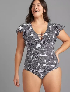 LANE BRYANT CACIQUE GRAPHIC LEAVES FLUTTER SLEEVE NO WIRE ONE PIECE SWIMSUIT 26 - Picture 1 of 2