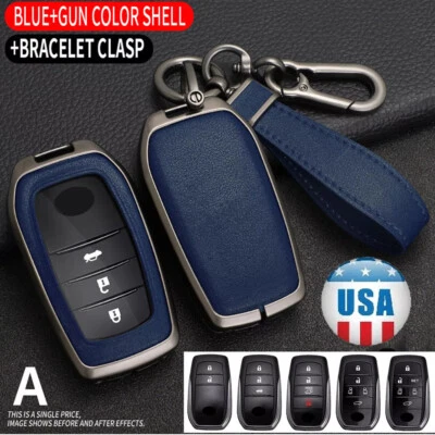 Gun Blue Metal Leather Car Key Fob Cover Case For Toyota Sienna Corolla NEW - Image 1 of 4