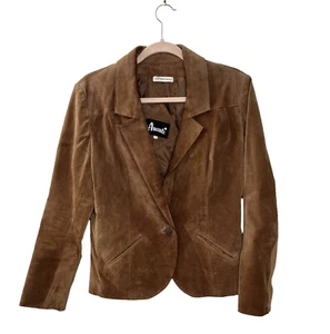 Avanti Woman Size 10 Tan 100% Genuine Pig Suede Leather Button Blazer Jacket - Picture 1 of 7