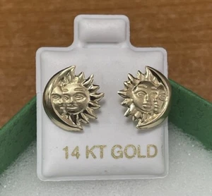 Sun And Moon Stud Earrings 14K Solid Gold With Safety Backing - Picture 1 of 3