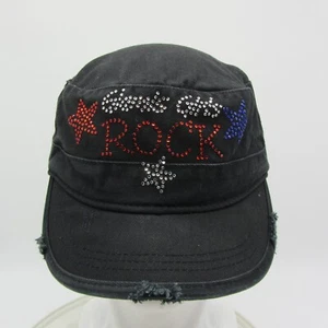 Girls Rock Womens Hat Army Cap Black USA Colors Rhinestones Distressed S-M - Picture 1 of 11