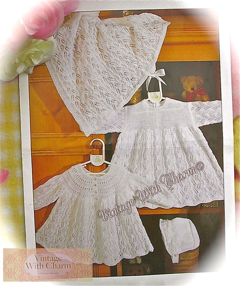 Knitting Pattern Baby's 4 Piece Set; Matinee Coat, Dress, Cot Cover & Bonnet.