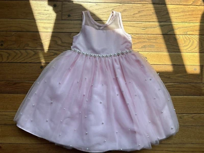 American Princess Girls Dress Formal Pink Tulle Pearls Diamond Belt Bow Sleevele - Image 1 of 4