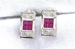 Pure Sterling Silver Lab Square Ruby CZ Cubic Zirconia Gemstone Gem Earrings - Picture 1 of 2