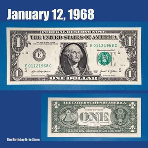 January 12, 1968 Birthday Anniversary $1 One Dollar Bill Serial Number 01121968 - Picture 1 of 2