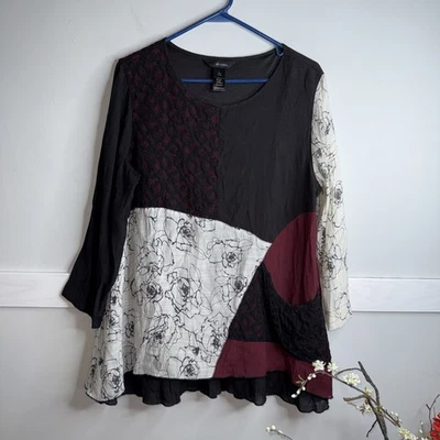 Ali Miles Womens Large Top Mixed media art to wear black red ivory floral lace - Image 1 of 4