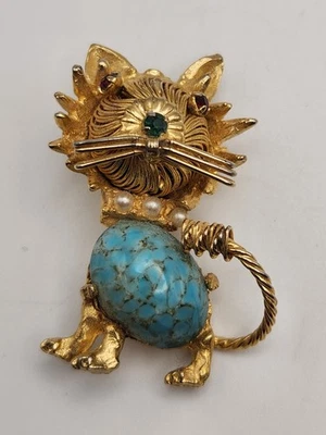 Broche prendedor oro MCM alambre espagueti turquesa gelatina vientre perla collar perro león Foto 1 de 4