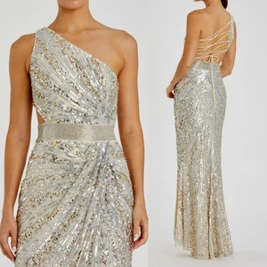 Mac Duggal 5687 Sequined One Shoulder Draped Lace Up Gown Silver Gold Size 4 - Bild 1 von 4