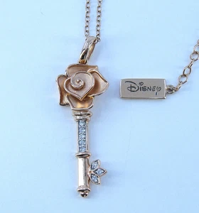 Enchanted Disney 14k Rose Gold Diamond Belle Rose Key NECKLACE/PENDANT 18" - Picture 1 of 10