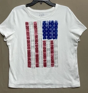 Studio Works Womens Size-L Short Sleeve Top Blouse American Flag Stretch White - Picture 1 of 12