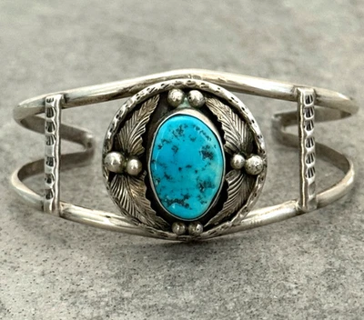 Vintage Native American Navajo Turquoise SLEEPING BEAUTY Sterling Bracelet 6.75 - Image 1 of 4