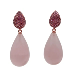 Natural Rose Quartz Teardrop Shape Dangle Cz pave Stud Earrings Gemstone Jewelry - Picture 1 of 6