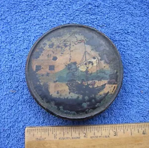 Antik frühes 19. Jh. Papier Mache rund TABAKBOX - ORIENTALISCHES SEGELSCHIFF Top - Bild 1 von 7