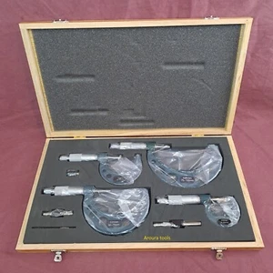 MICROMETER MEASURING SET 4pc ( 0 - 100mm ) - NEW IN WOODEN BOX - Picture 1 of 6