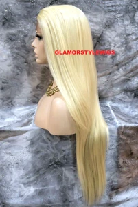 360 FREE PART HUMAN HAIR BLEND LACE FRONT FULL WIG LONG STRAIGHT BLEACH BLONDE - Picture 1 of 7
