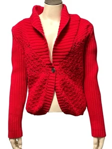 Chicos Red Knit Ribbed Cardigan Sweater Open Front Long Sleeve Cozy Classic Sz 2 - Picture 1 of 10