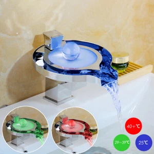 Chrome Bathroom Faucet Round LED Waterfall Spout Mixer Basin Sink Deck Mount Tap - Picture 1 of 12