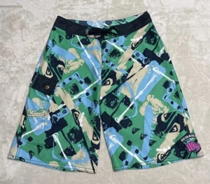 Quiksilver Board Shorts Mens Size 32 Blue All Over Logo Embroidered Patches - Picture 1 of 9