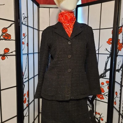 LE SUIT NEGRO DAMAS 2 PIEZAS TEJIDO BURBUJA CON CINTA BRILLANTE TEJIDO VESTIDO TRAJE/6P Foto 1 de 4